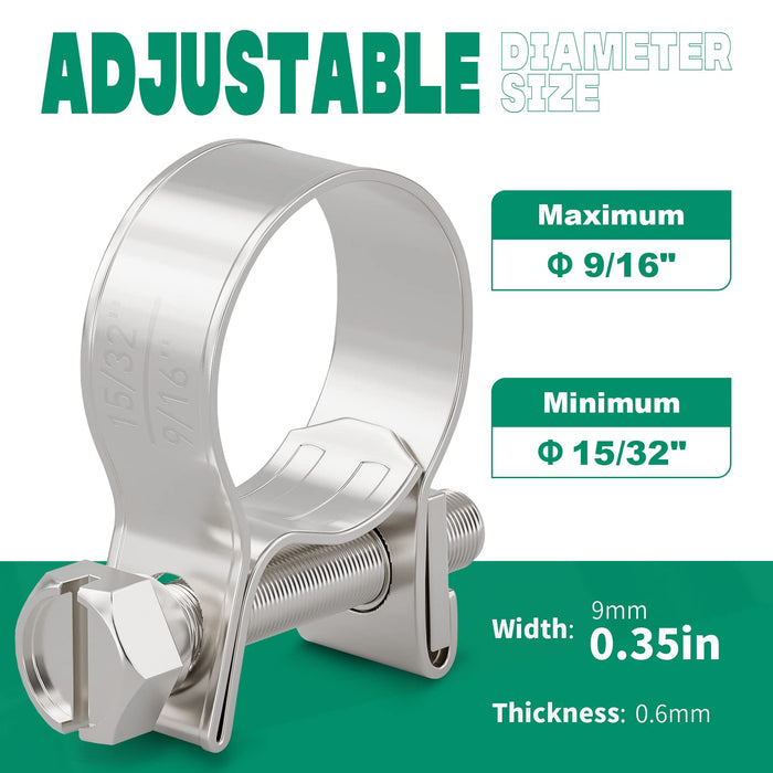 fuel line clamp graphic, 15/32–9/16 in, 0.35 in width, 0.6 mm thick; stainless screw band for a leak-free seal.