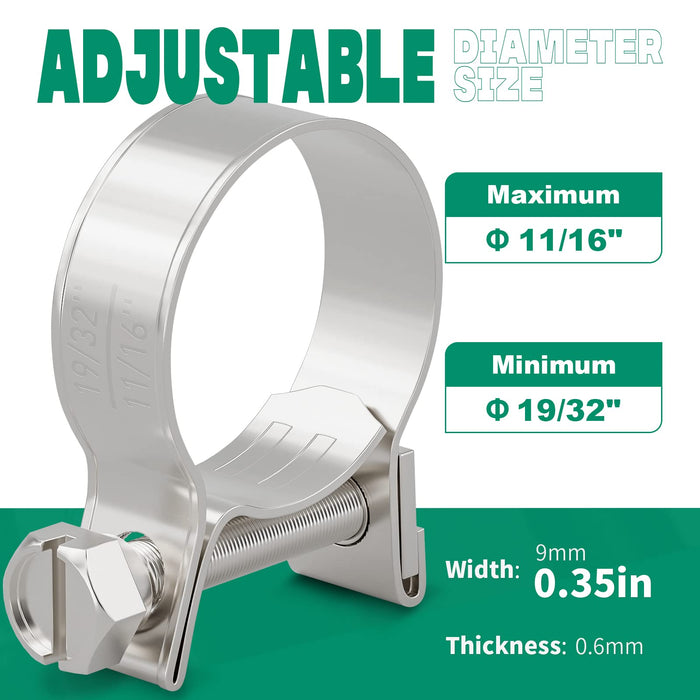 lawn mower fuel line clamp, screw-drive band adjustable 19/32–11/16 in, 9 mm width, 0.6 mm thickness for small engines