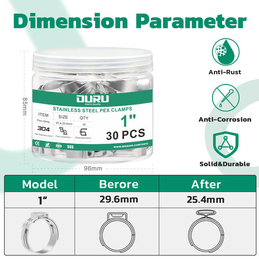 Dimension guide for 1 inch stainless pex crimp rings; shows 29.6mm before, 25.4mm after, anti-rust, anticorrosion, durable build.