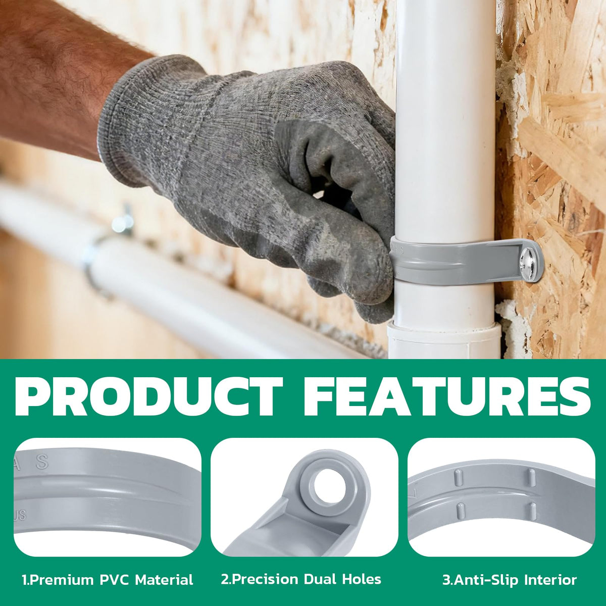 Worker fastening pvc conduit clamps to white pipe on stud wall, showcasing strong grip strap for household installations