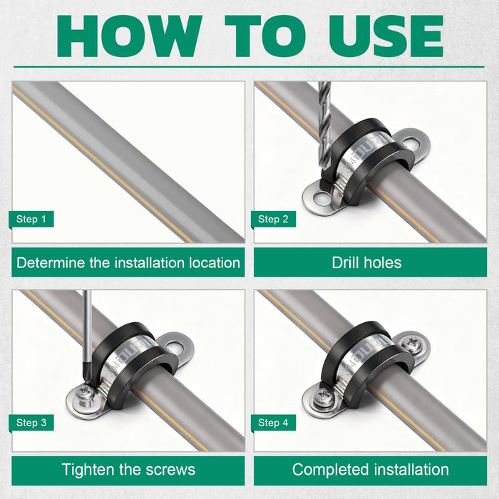 Four steps show support clamps installation: locate spot, drill holes, tighten screws, finish mounting pipes firmly.
