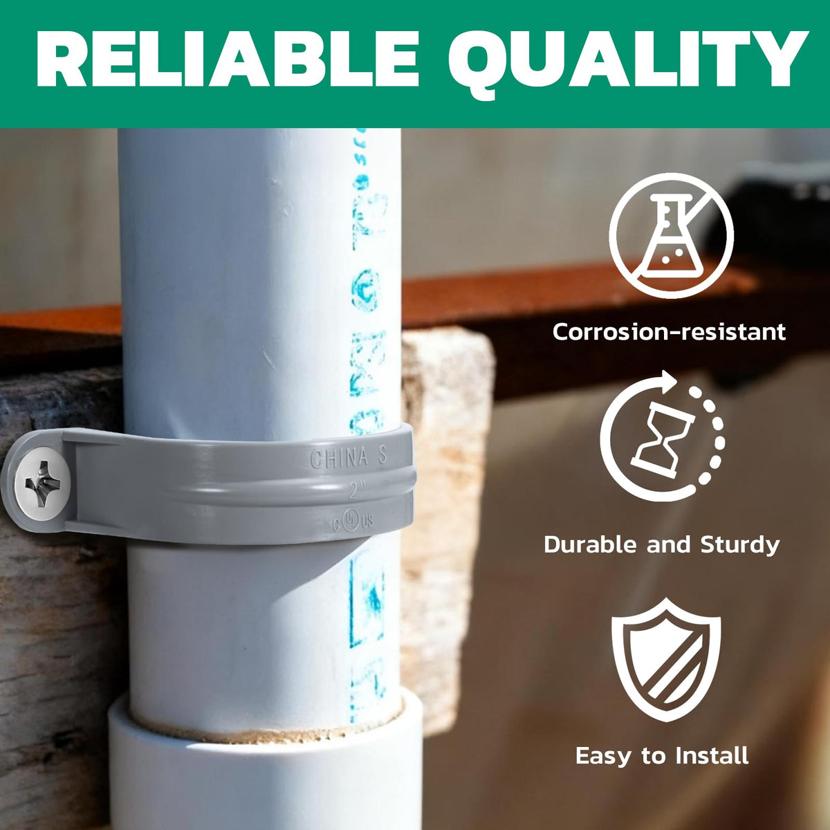Step by step how to install pvc conduit straps on round pipe using drill and screws, curved plastic strap clamps line