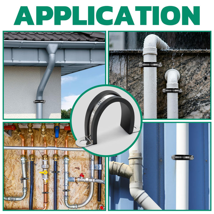 Application scenes of rubber cable clamp securing pipes indoors/outdoors: plumbing, wall mounts for tidy installs.