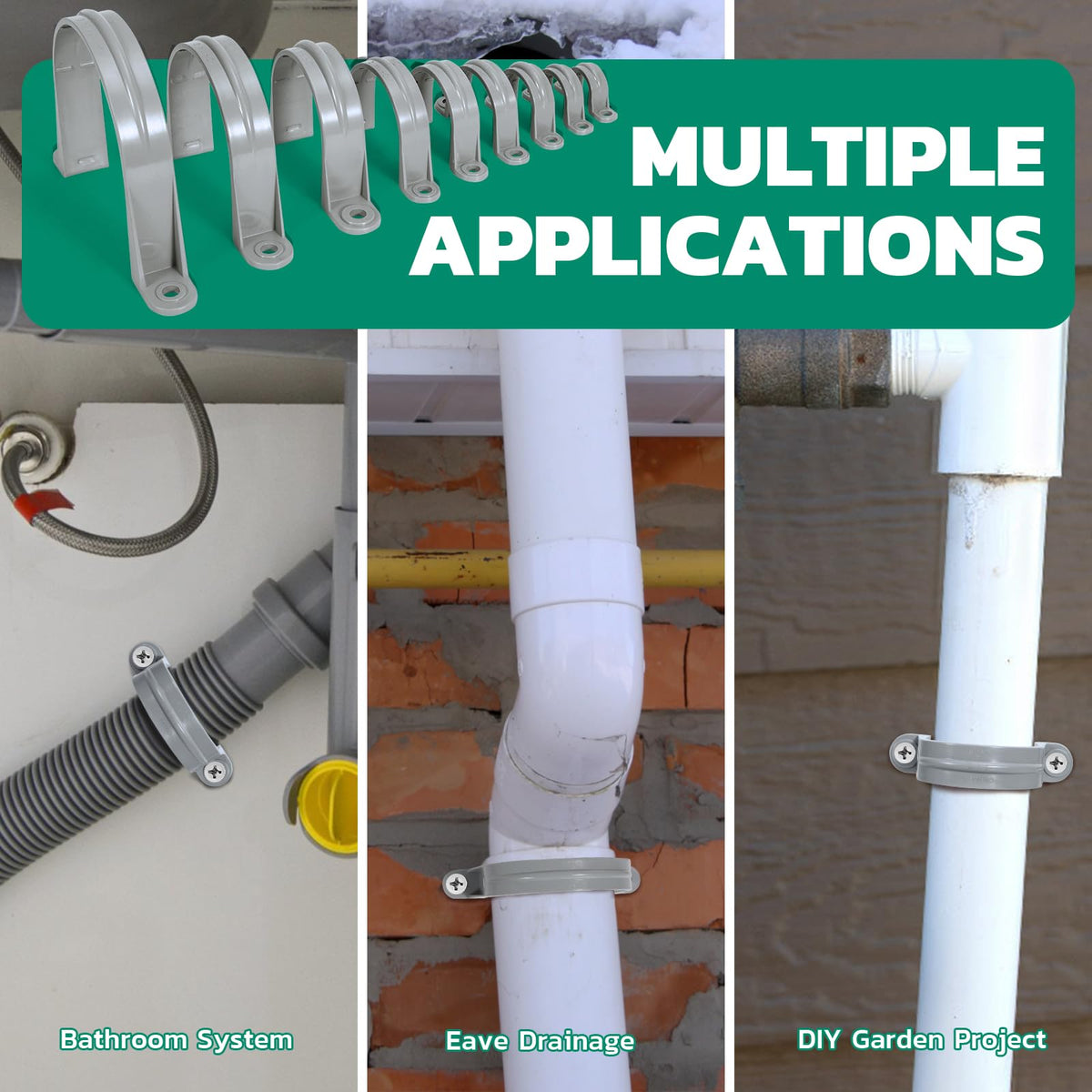 Assorted grey conduit clips and pipe straps used as electrical conduit clamps for organizing household pvc piping runs