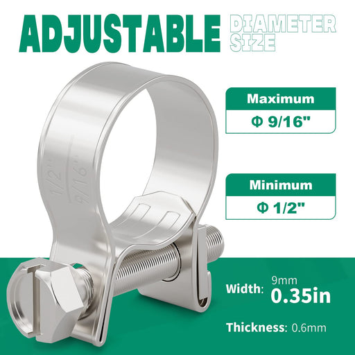 fuel pump hose clamp adjustable graphic, 1/2–9/16 inch; 9 mm width, 0.6 mm thick band for tight sealing on pump fittings