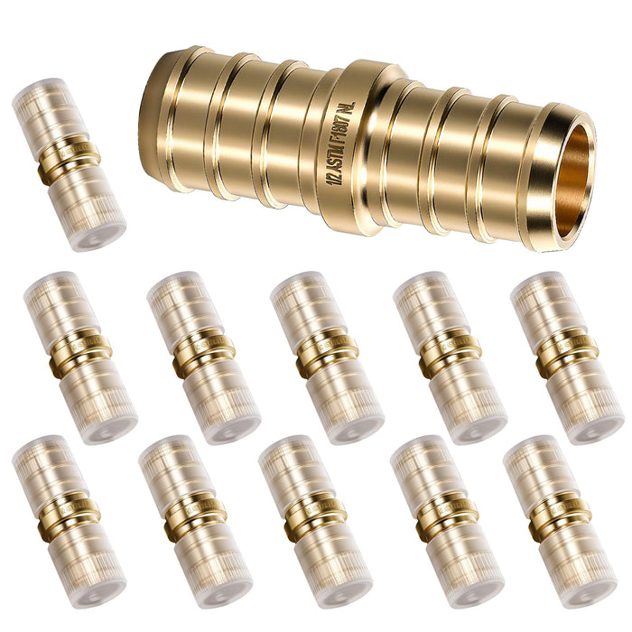 Brass coupling for pex pipe fittings 1/2 inch with protective sleeves; corrosion-resistant choice for plumbing repairs.