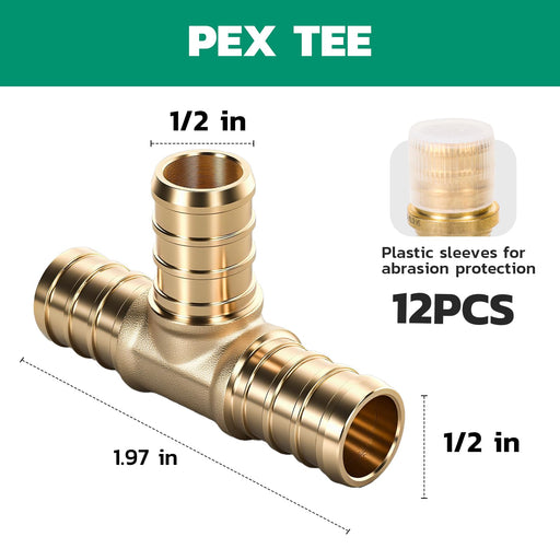 PEX tee 1/2 inch; clear dimensions and sleeves, ideal for 1/2 pex fittings assortment and compact manifold builds.