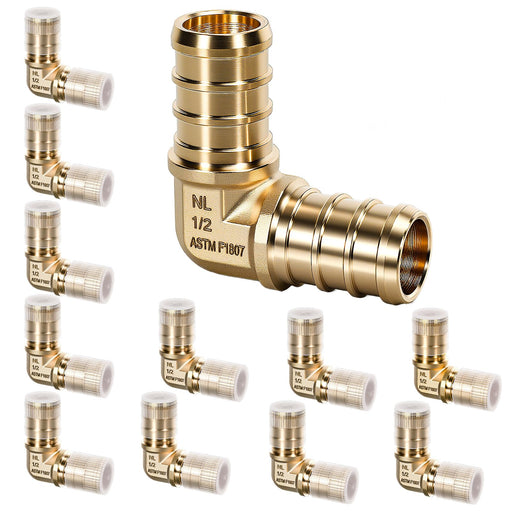 Half-inch 90° elbow shown with sleeves; robust lead-free brass compatible with zirc fittings assortment in water lines.