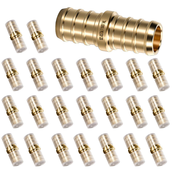 3/4 inch brass coupling with many sleeves shown; sturdy casting for potable water work and common plumbing fittings.