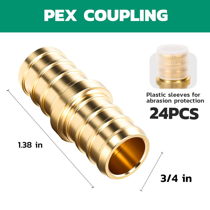 24-pack brass PEX coupling with sleeves; pex-b fittings shown, 3/4 inch, 1.38 in, lead-free for plumbing installs.
