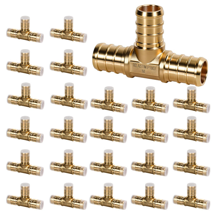 24-piece brass PEX tee layout with sleeves; clear sizing and barbs, similar to a 6an fittings assortment display.