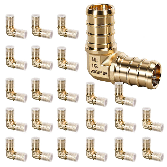 24-piece brass elbow layout with protective sleeves; sturdy alternative to sharkbite fittings 1/2 inch for PEX plumbing.