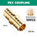 Brass PEX coupling card with 50 sleeves shown; smooth barbs support quick joins using pex 1/2 fittings in home plumbing.