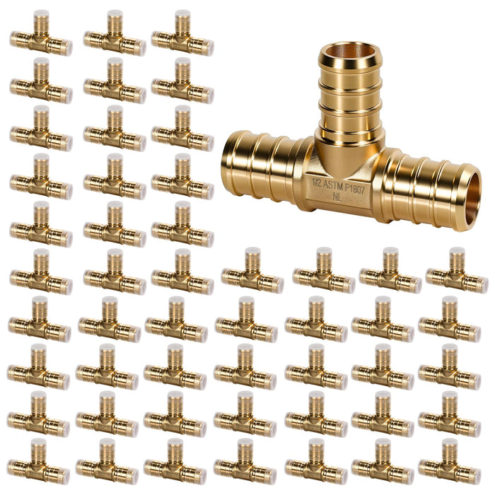 Lead-free brass tee pack with protective sleeves displayed; organized pex fittings assortment for branching water lines.