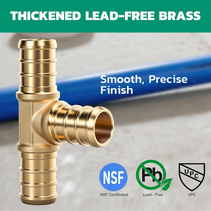 50-pack 1/2 in tee, lead-free brass barbed connector for pex-b fittings, NSF/UPC, smooth finish for plumbing repairs.