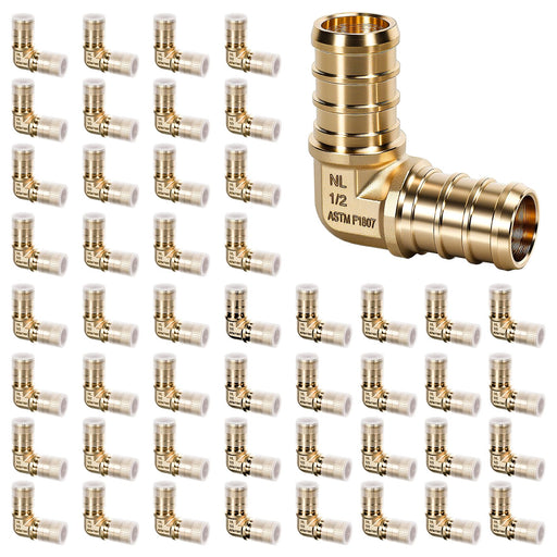 50-pack 1/2 inch brass elbows with sleeves, smooth barbs; reliable pex hose fittings for home water line repairs.