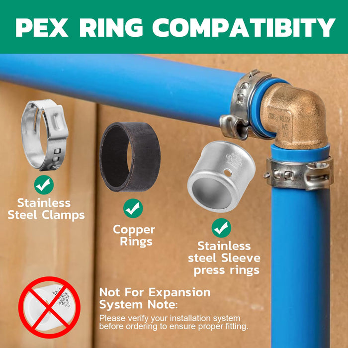 Close-up flex pipe fittings with PEX-B, clamp rings securing a brass elbow joint on blue tubing in household plumbing