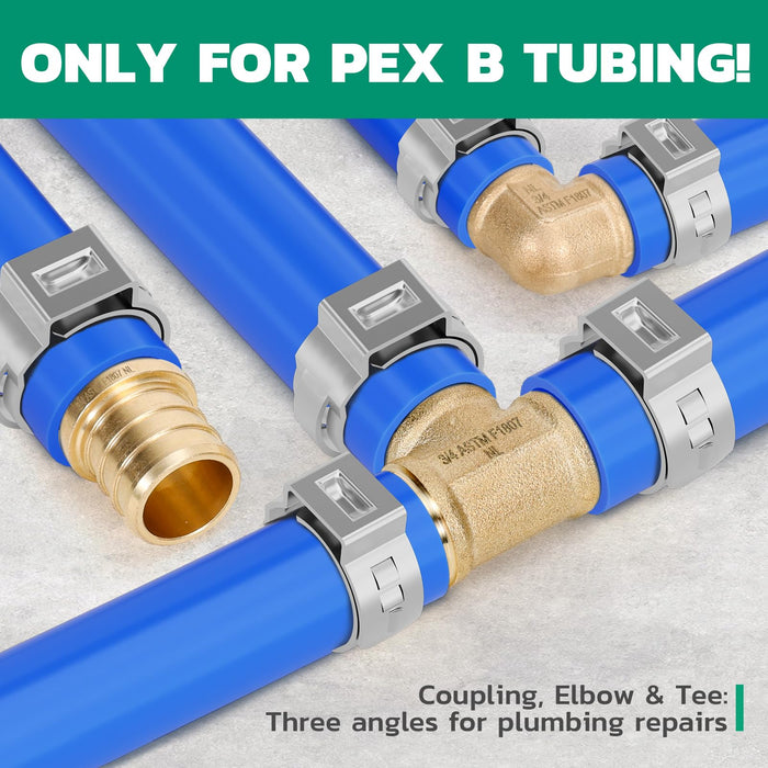 PEX crimping tool kit with fittings concept, brass PEX-B couplings aligned on blue tubing for quick DIY plumbing fixes