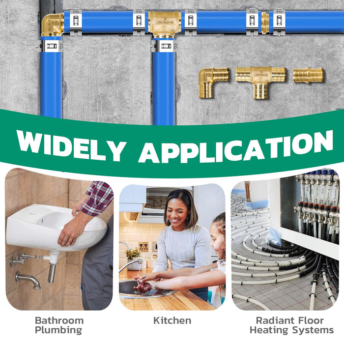 Step guide for assorted PEX fittings on blue tube, cut pipe, slide clamp ring, insert elbow, then clamp to seal joint