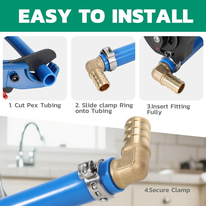 Kitchen line with PEX fittings assortment, clamp ring locked over brass elbow on blue tube for dependable water flow