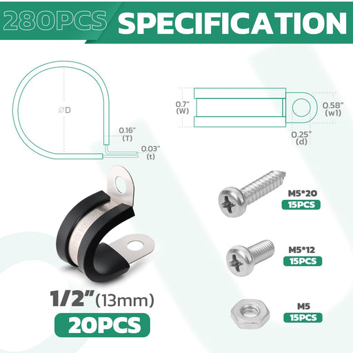 Specification of 1/2 in cable wire clamp set, 20 pcs with M520 and M512 screws and M5 nuts, cushioned P-clamp.
