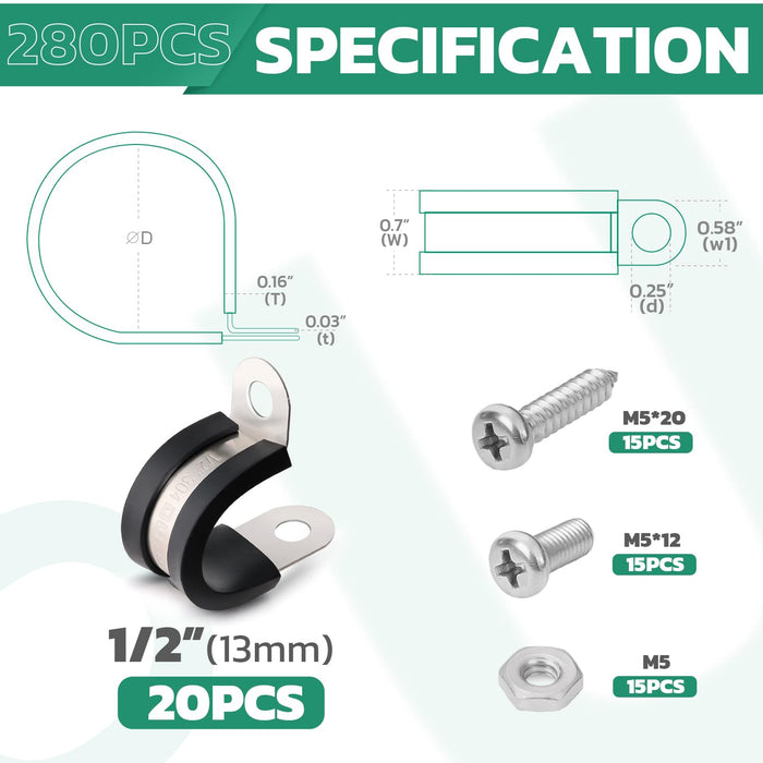 Specification of 1/2 in cable wire clamp set, 20 pcs with M520 and M512 screws and M5 nuts, cushioned P-clamp.