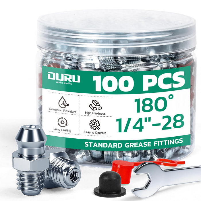 Jar of 1/4-28 straight grease nipples fittings with caps and wrench, corrosion-resistant set for vehicles, shop use