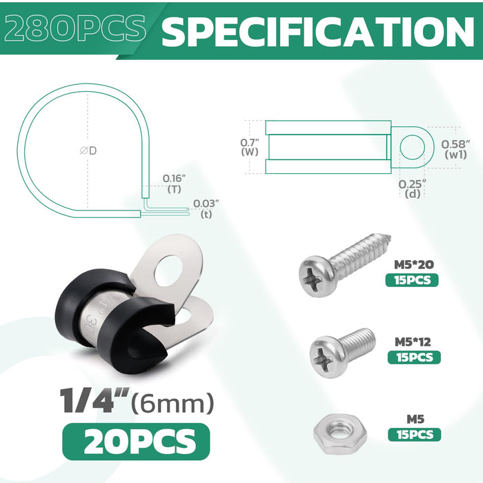 65 PCS wire hold downs kit with M5*20mm screws for 1/4 inch (6mm) cables.