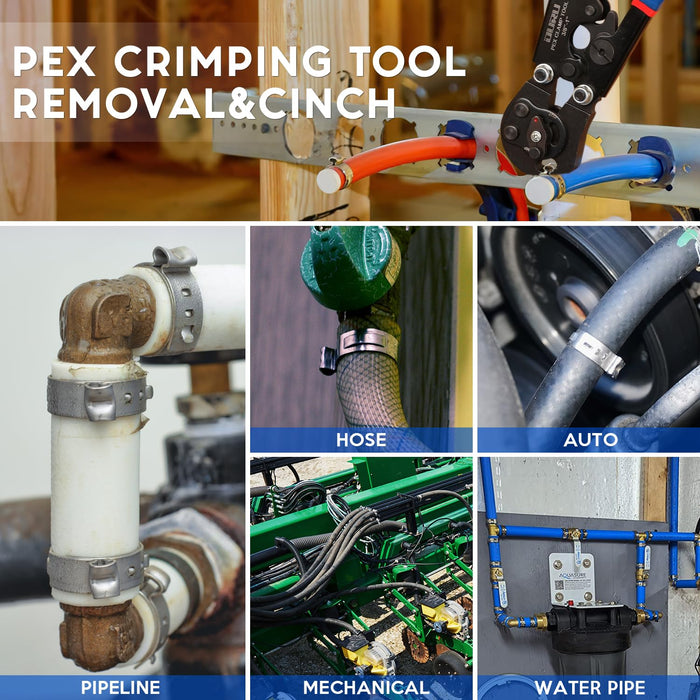 PEX crimp overview with removal/cinch tool securing clamps on pipelines, hoses, auto lines, machinery, and home water pipes.