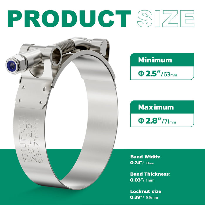 fuel injection hose clamp, T-bolt 63–71 mm (2.50–2.80 in); stainless 19 mm band and locknut for high-pressure lines