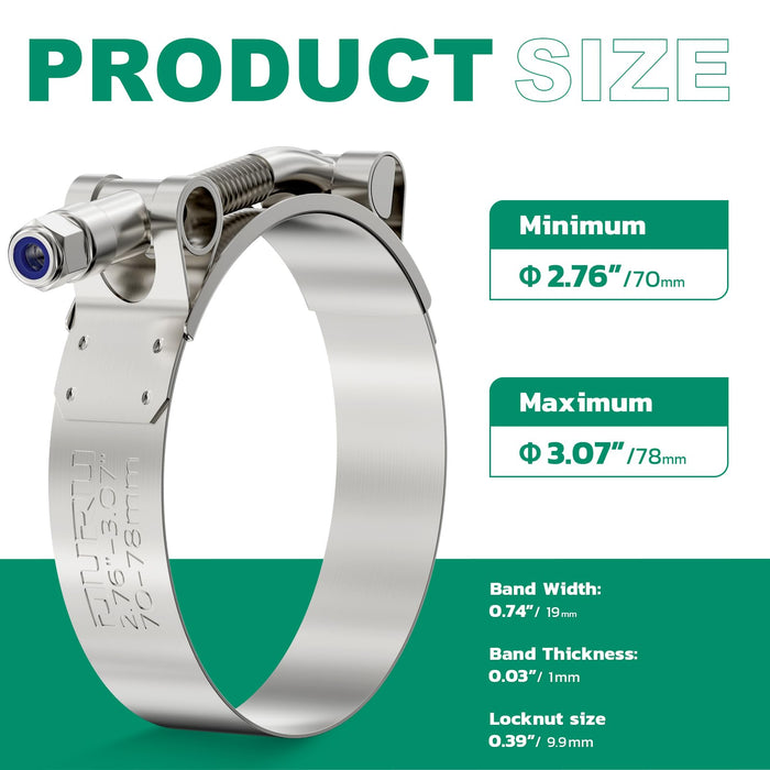 fuel hose clamp, T-bolt style 70–78 mm (2.76–3.07 in) with 19 mm band; corrosion-resistant, smooth edges, tight seal