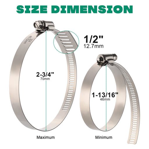 Bulk pack of stainless bands shows hose with clamp ready for fastening on 46–70 mm applications.