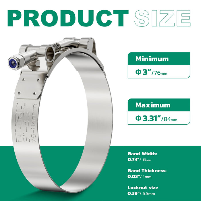 clamp for fuel line, stainless T-bolt band fits 76–84 mm (3.00–3.30 in); 19 mm strap with locknut for secure sealing