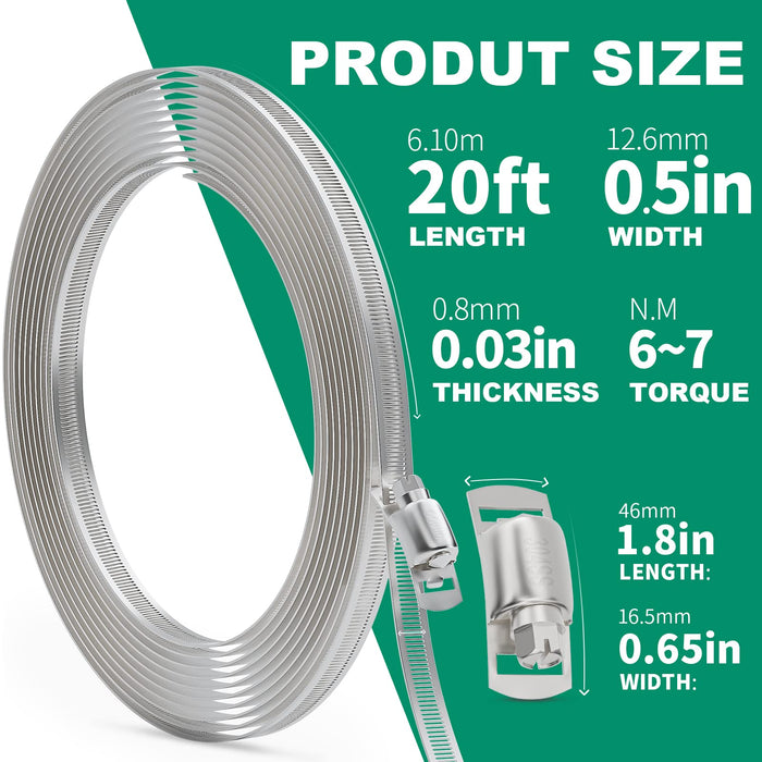 Size diagram for 20ft stainless band, torque and thickness shown; demonstrates versatile hose clamp types cut-to-length design.