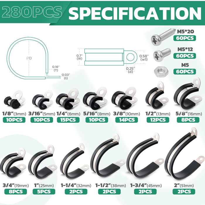 280pcs cable loop clamp kit: assorted cushioned P-clamps from 1/8–2 in with M5 screws and nuts chart.