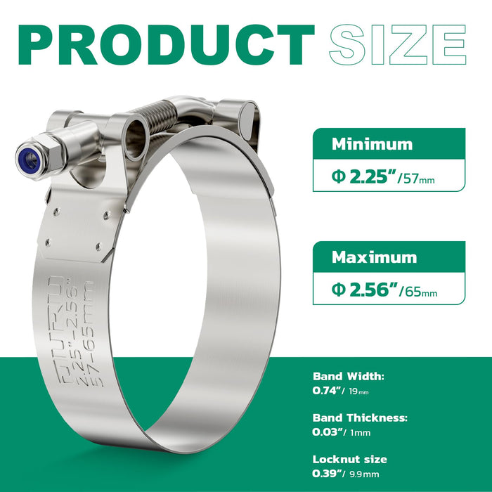 fuel line hose clamps 12-pack, adjustable 57–65 mm (2.25–2.56 in); stainless bands with locknuts for robust sealing