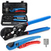 Complete plumbing crimping tool pex kit shown with ratcheting cinch tool, cutter, rings, and GO/NO-GO gauge in case
