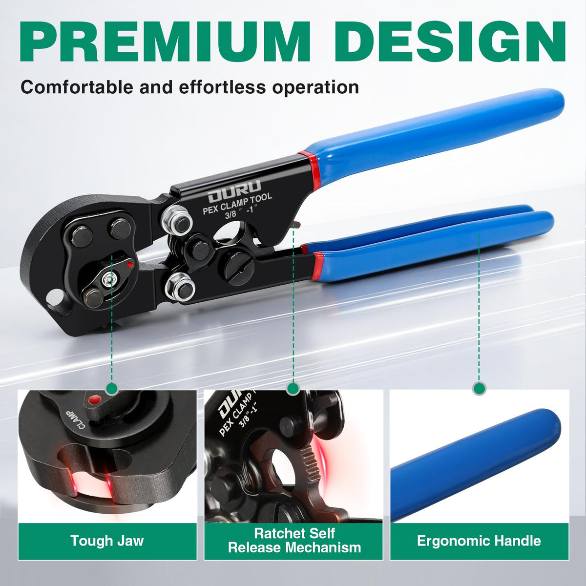 Premium pex crimping tool kit highlighting tough jaw, ratchet self-release mechanism, and ergonomic long blue handles