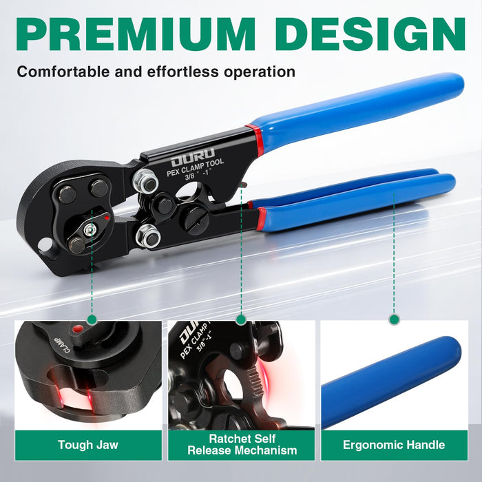 Premium pex crimping tool kit highlighting tough jaw, ratchet self-release mechanism, and ergonomic long blue handles