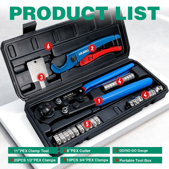 Compact pipe crimper for plumbing kit layout inside hard case; includes cutter, gauge, and neatly organized clamp rings