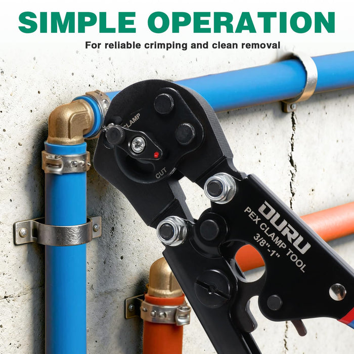 Portable case of pipe fitting tools, featuring blue-handle clamp tool, red-blue cutter, GO/NO-GO gauge, and clamp rings