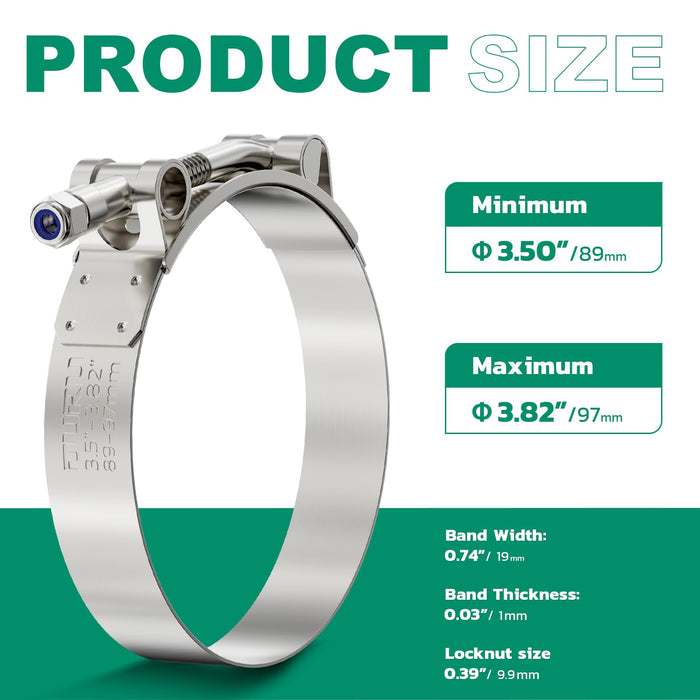 Product size chart highlighting fuel line pinch clamp, 304 stainless T-bolt design, adjustable 3.50–3.82 inch range.