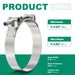 Product size chart highlighting fuel line pinch clamp, 304 stainless T-bolt design, adjustable 3.50–3.82 inch range.