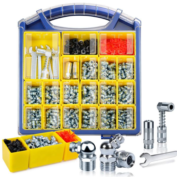 SAE & Metric Grease Fittings Assortment Kit with DlY Tool Storage Box Organizer