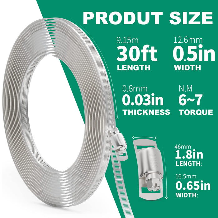 Product size chart for adjustable stainless banding, 30ft roll with specs for building a clamp hose radiator fit on large tubes.