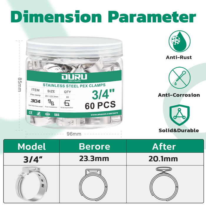 3/4 in stainless clamp jar with ear profile and size markings, illustrating a single ear hose clamp for PEX lines.