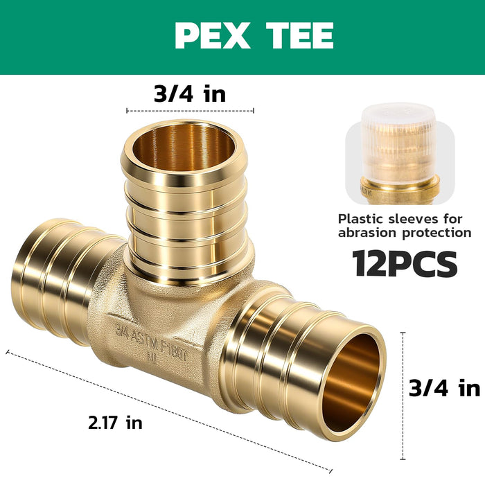 24-pack brass tee, 3/4 barb with 1/2 outlet, UPC and NSF shown; ideal pex fittings 3/4 inch for crimp or clamp repairs