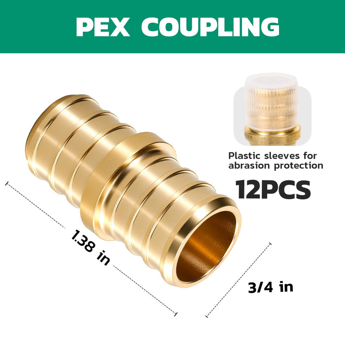 Close-up of 3/4 in brass coupling, 1.38 in length, NSF listed; dependable pex pipe fittings for hot and cold water runs