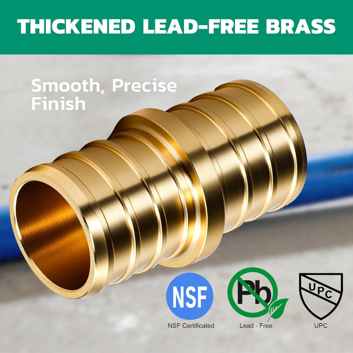 Corrosion-resistant brass coupling with plastic sleeves, 12-pack; rugged pex hose fittings for bathrooms, kitchens, RVs
