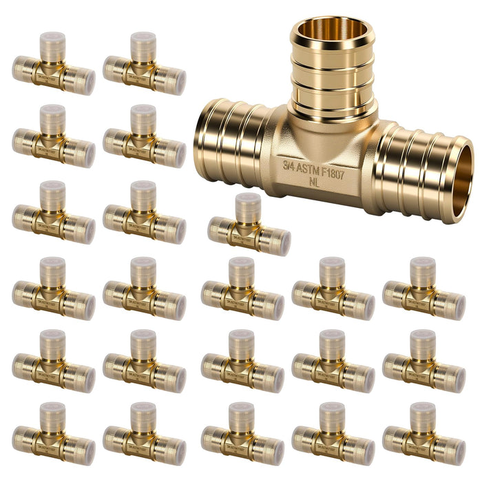 Assorted pex fittings pack image: brass tees with protective sleeves, PEX-B compatible, ideal household plumbing stock.